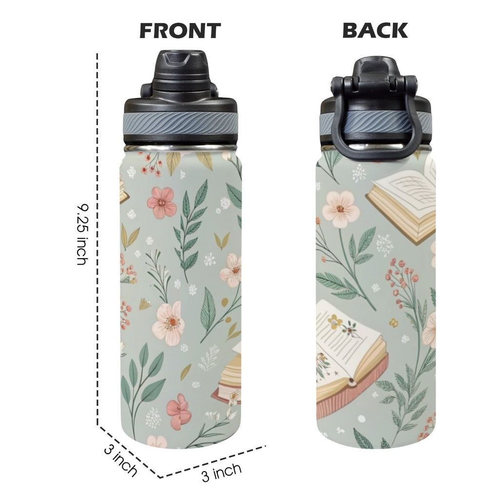 Books And Flowers In Green - Insulated Water Bottle with Dual-Use Lid (18oz) Insulated Water Bottle with Dual-Use Lid (18oz) Plants Printed Offshore Reading