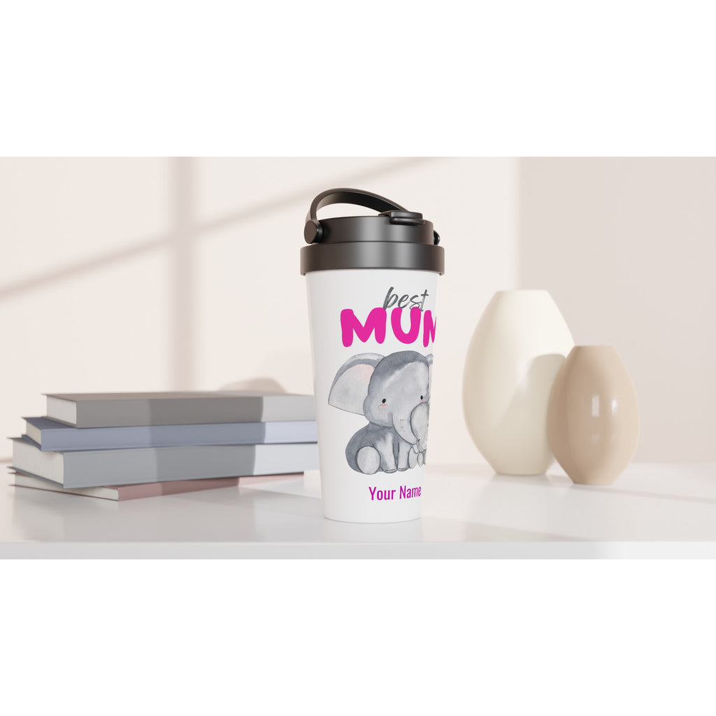 Personalised - Best Mum, Cute Elephants - White 15oz Stainless Steel Travel Mug Personalised Travel Mug animal customise Globally Fulfilled Mum personalise