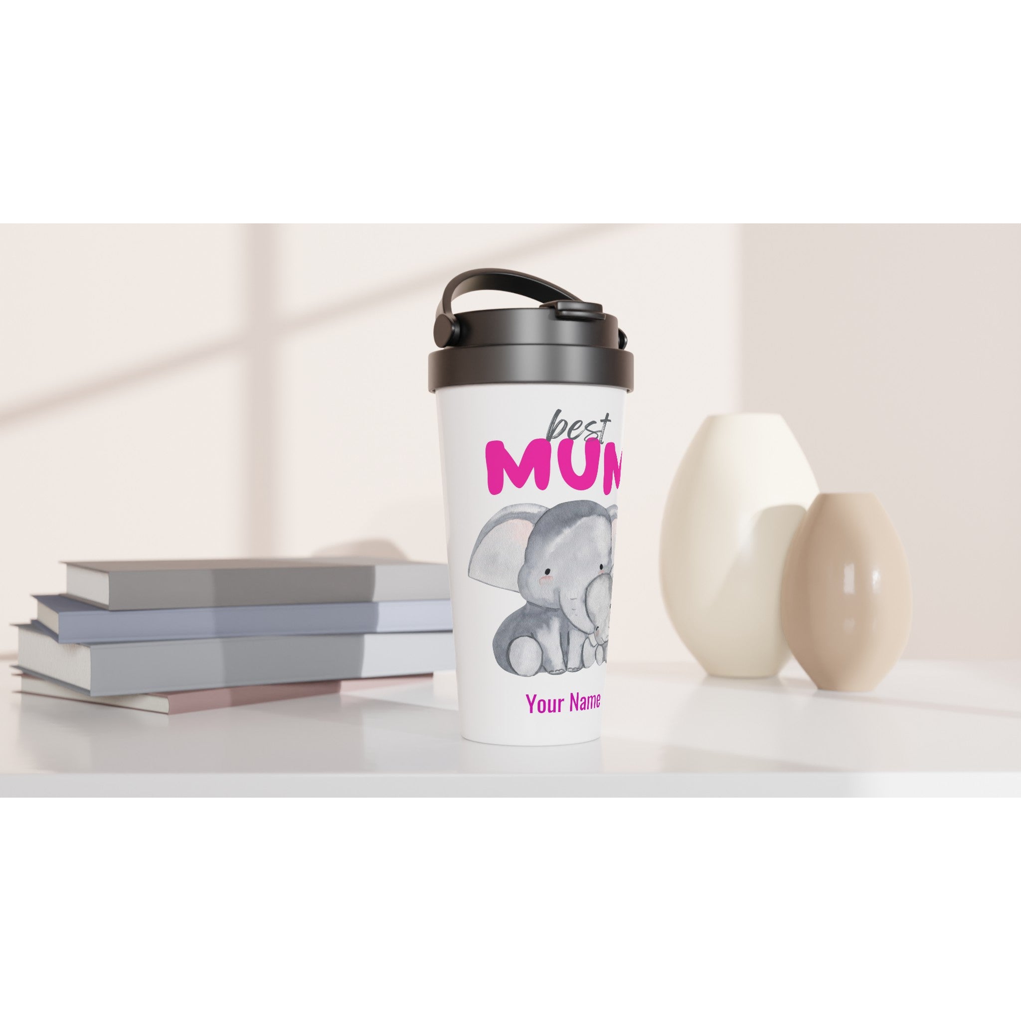 Personalised - Best Mum, Cute Elephants - White 15oz Stainless Steel Travel Mug Personalised Travel Mug animal customise Globally Fulfilled Mum personalise