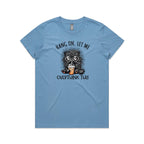 Frazzled Cat, Hang On, Let Me Overthink This Women's AS Colour T-shirt Carolina Blue Womens T-shirt animal Printed In Australia