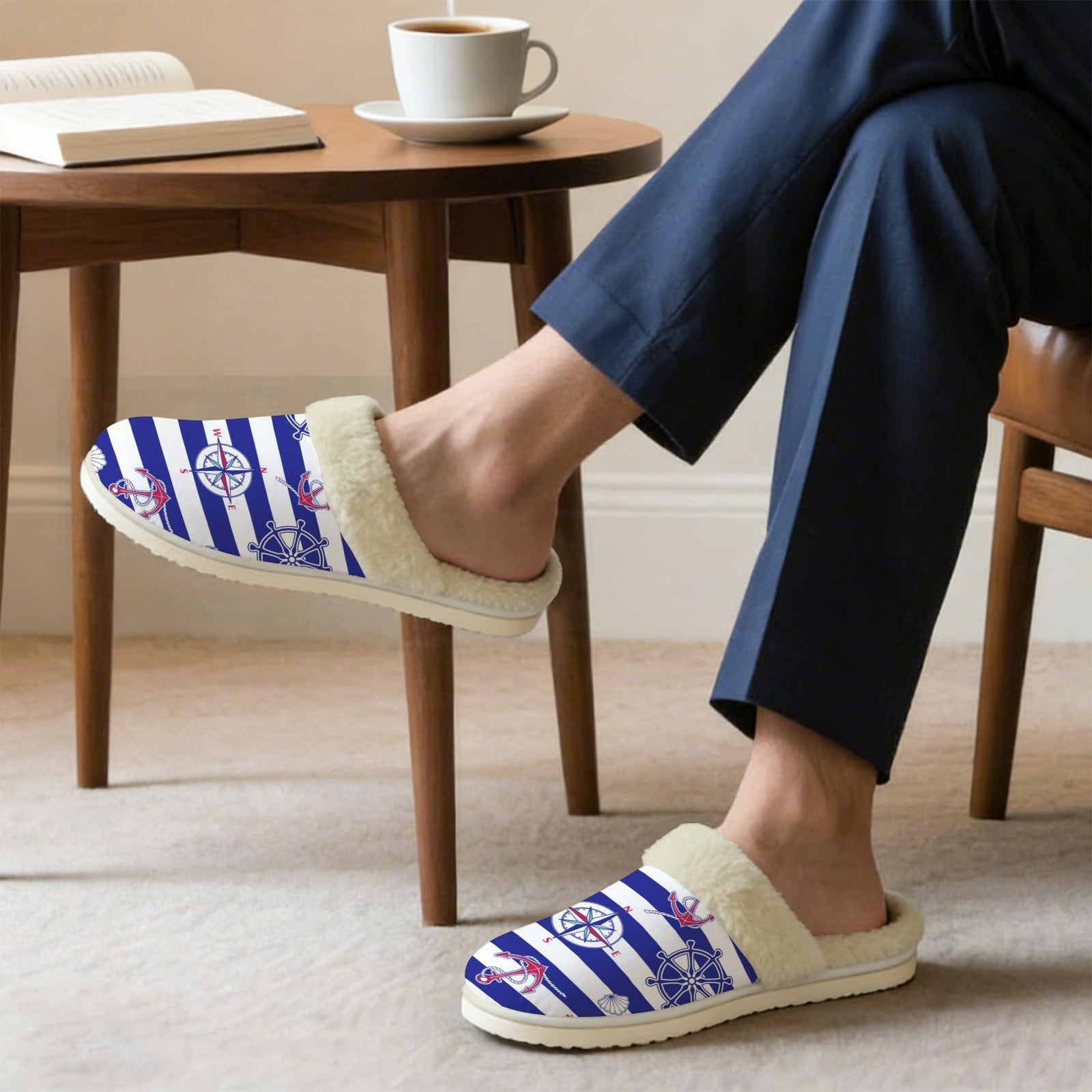 Anchors Away Men's Fur Trim Thick-Sole Indoor Slippers Men's Fur Trimmed Slippers Ocean Printed Offshore