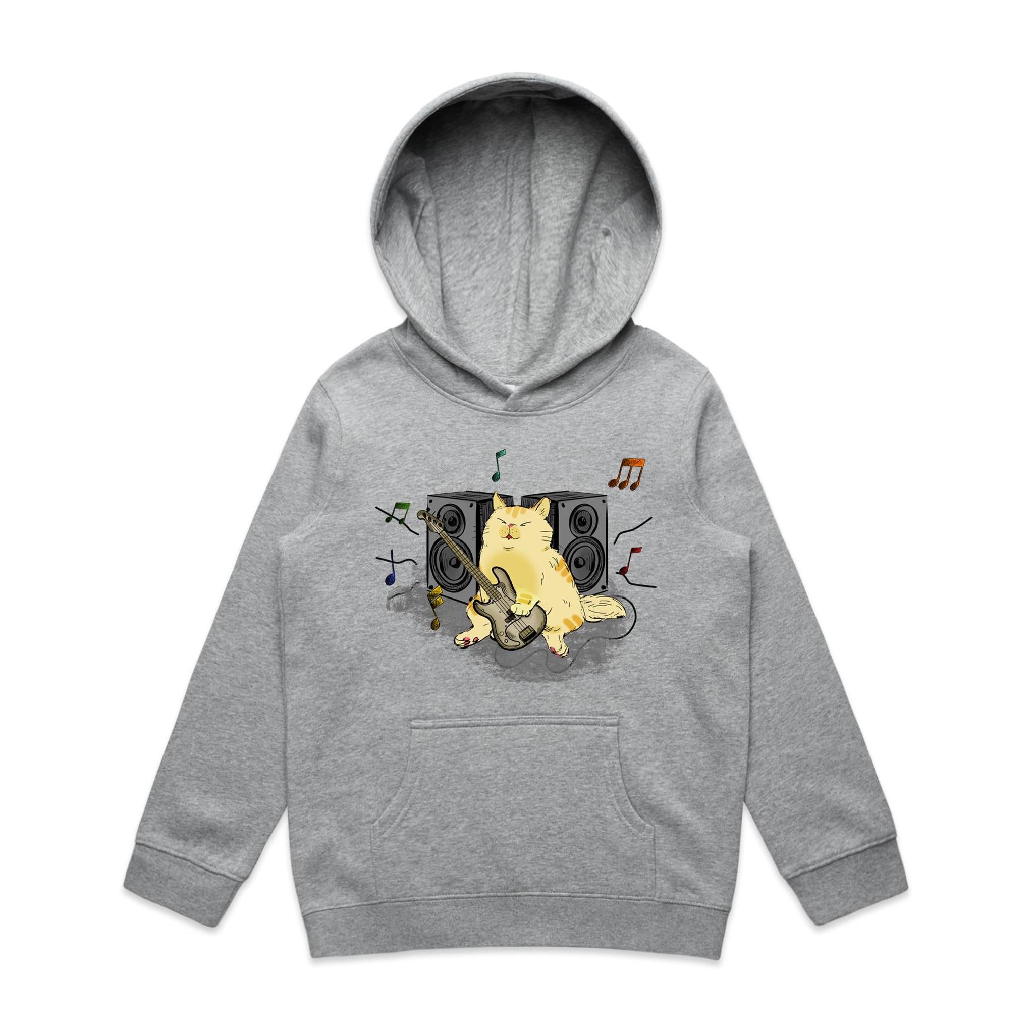 Cat Bass Player - Kids Hoodie Grey Marle Kids Hoodie Printed In Australia