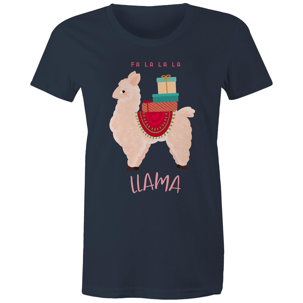 Fa La La La Llama, Christmas - Womens T-shirt Navy Womens Christmas T-shirt Christmas Printed In Australia