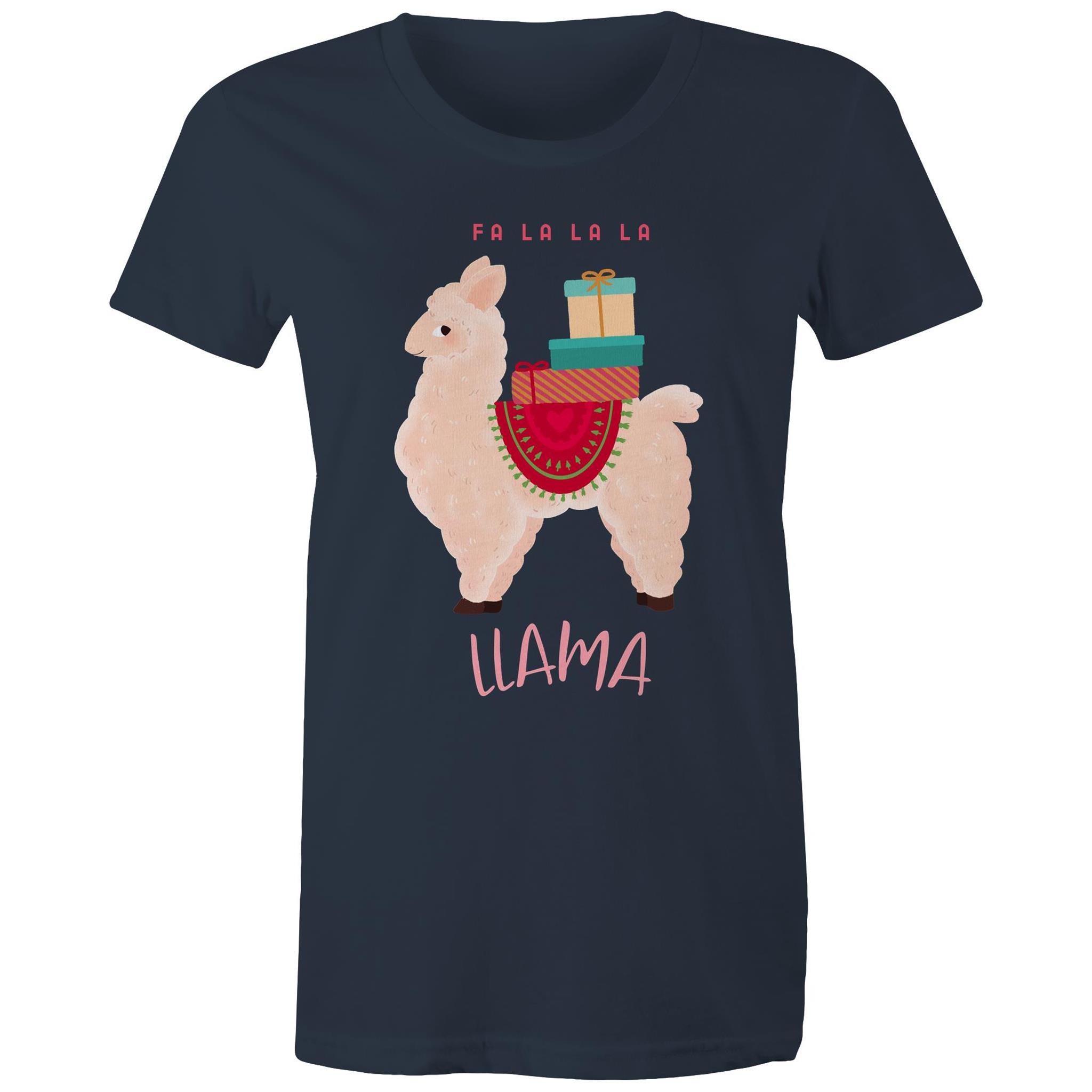 Fa La La La Llama, Christmas - Womens T-shirt Navy Womens Christmas T-shirt Christmas Printed In Australia