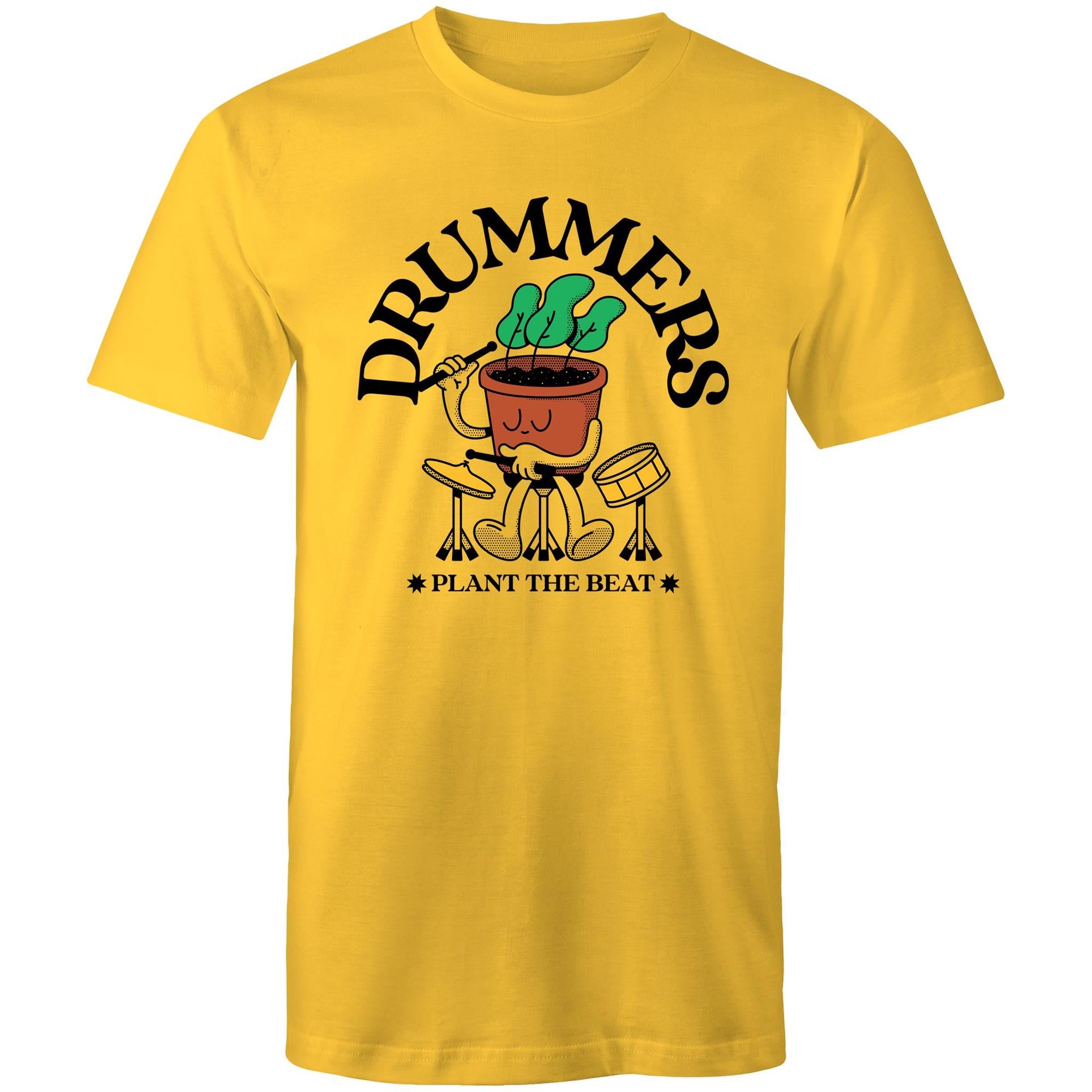 Drummers Plant The Beat - Mens T-Shirt Yellow Mens T-shirt Music Printed In Australia