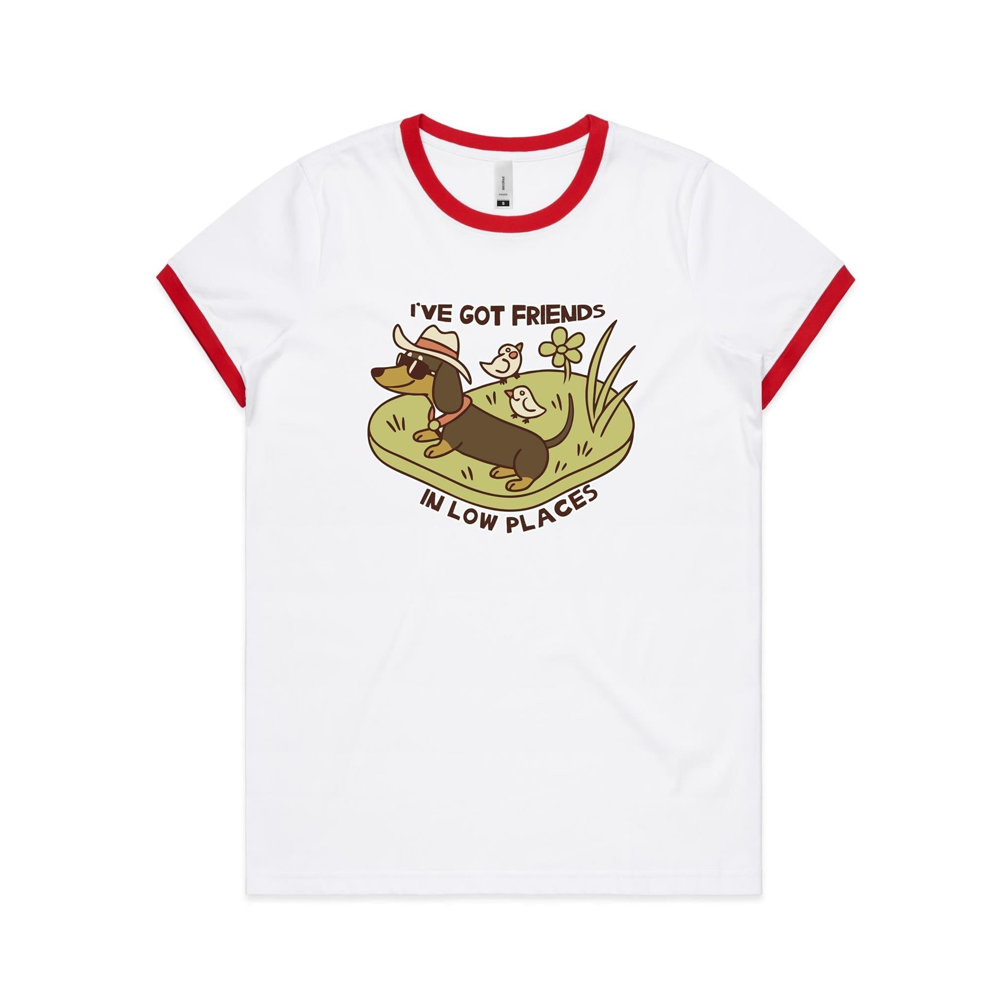 Dachshund, I've Got Friends In Low Places AS Colour Women's Ringer Tee White Red Womens Ringer T-shirt animal Printed In Australia