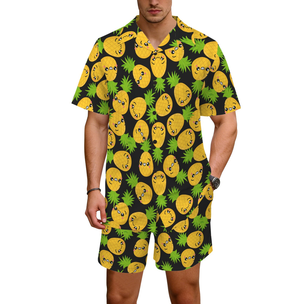 Cool Pineapples Men's Hawaiian Shirt & Shorts Set Men's Hawaiian Shirt & Shorts Set Food Printed Offshore