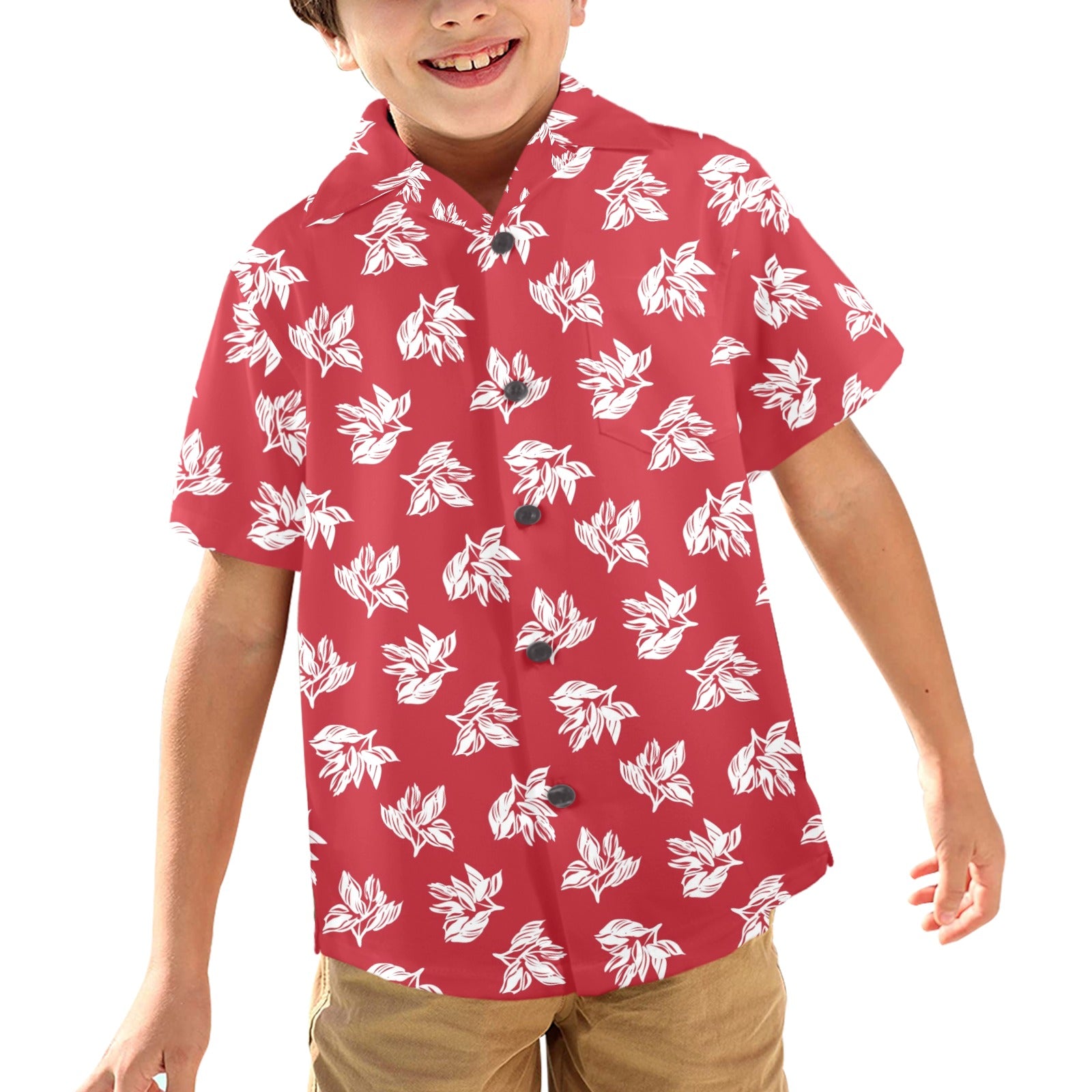 Red Retro Foliage, Hawaiian Flower - Junior Kids Hawaiian Shirt