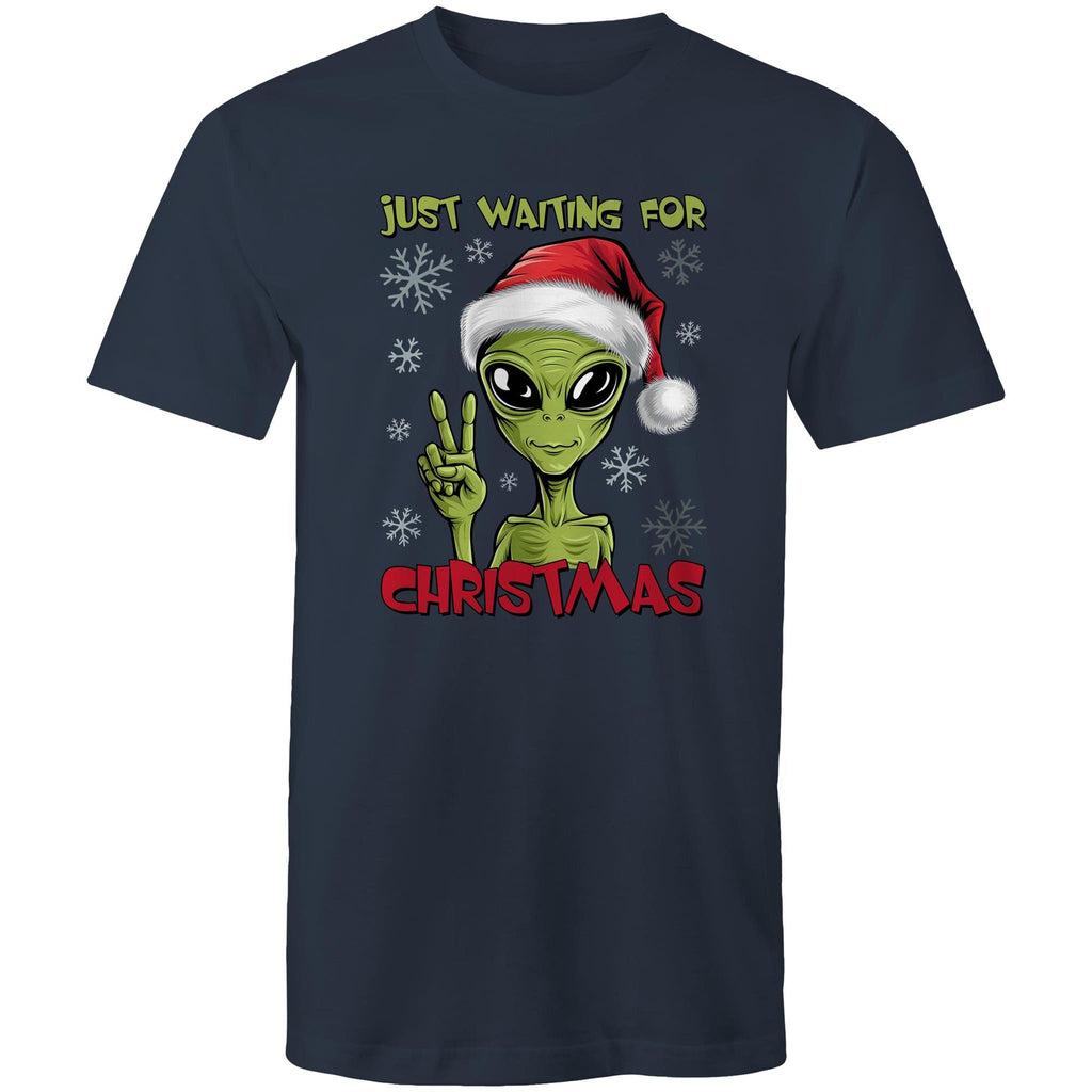 Just Waiting For Christmas, Alien - Mens T-Shirt Navy Mens Christmas T-shirt Christmas Printed In Australia