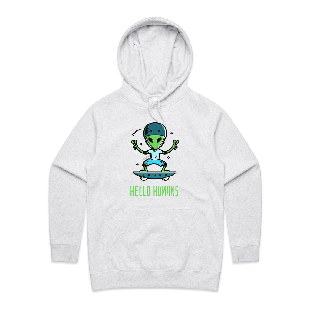 Alien, Hello Humans - Womens Hoodie White Marle Womens Hoodie Printed In Australia Sci Fi