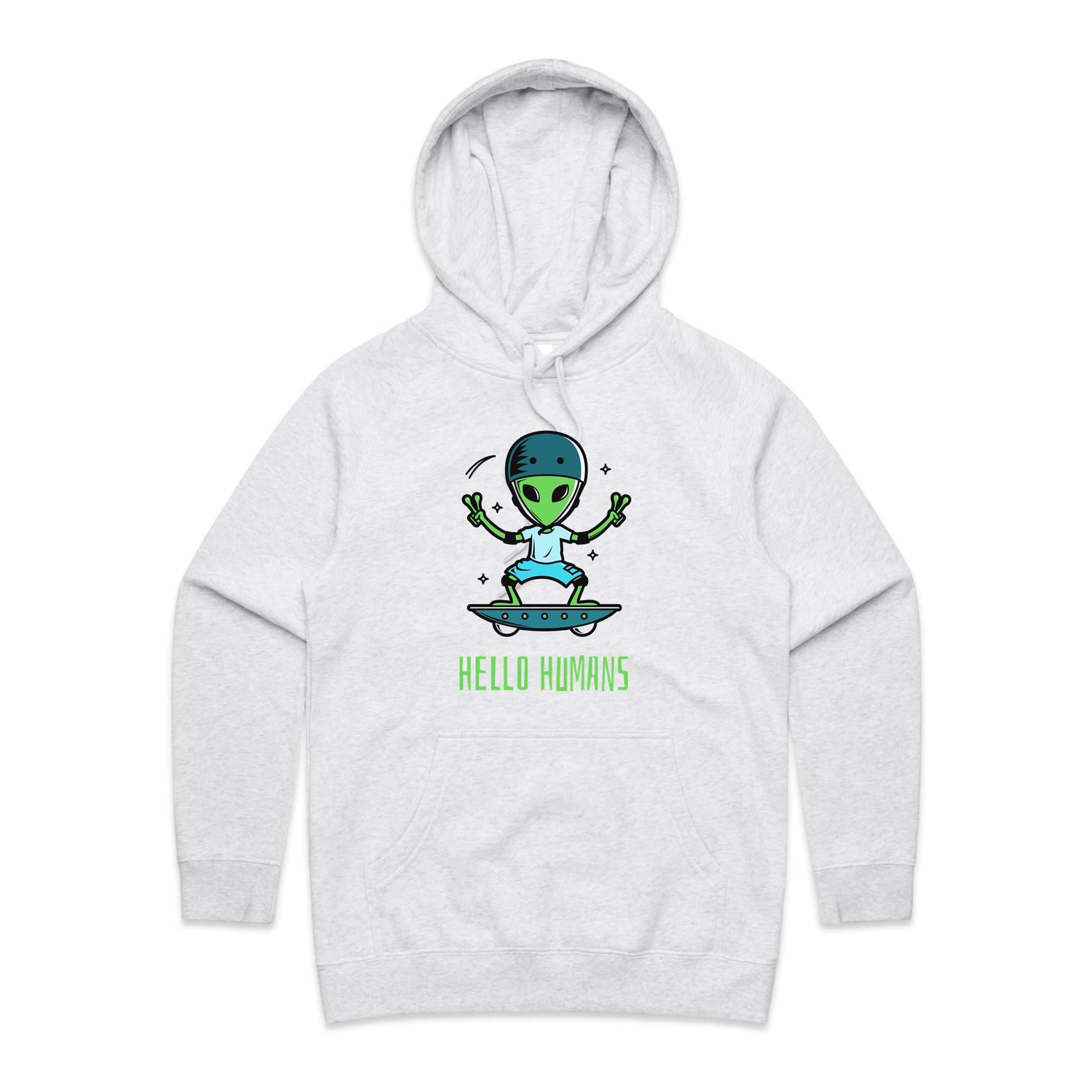 Alien, Hello Humans - Womens Hoodie White Marle Womens Hoodie Printed In Australia Sci Fi