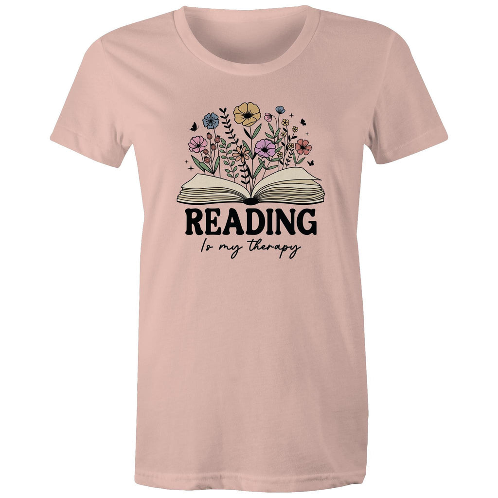 Reading Is My Therapy - Womens T-shirt Pale Pink Womens T-shirt Printed In Australia Reading