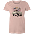 Reading Is My Therapy - Womens T-shirt Pale Pink Womens T-shirt Printed In Australia Reading