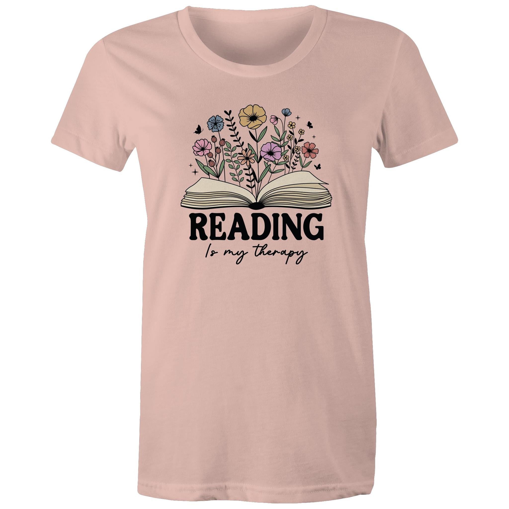 Reading Is My Therapy - Womens T-shirt Pale Pink Womens T-shirt Printed In Australia Reading