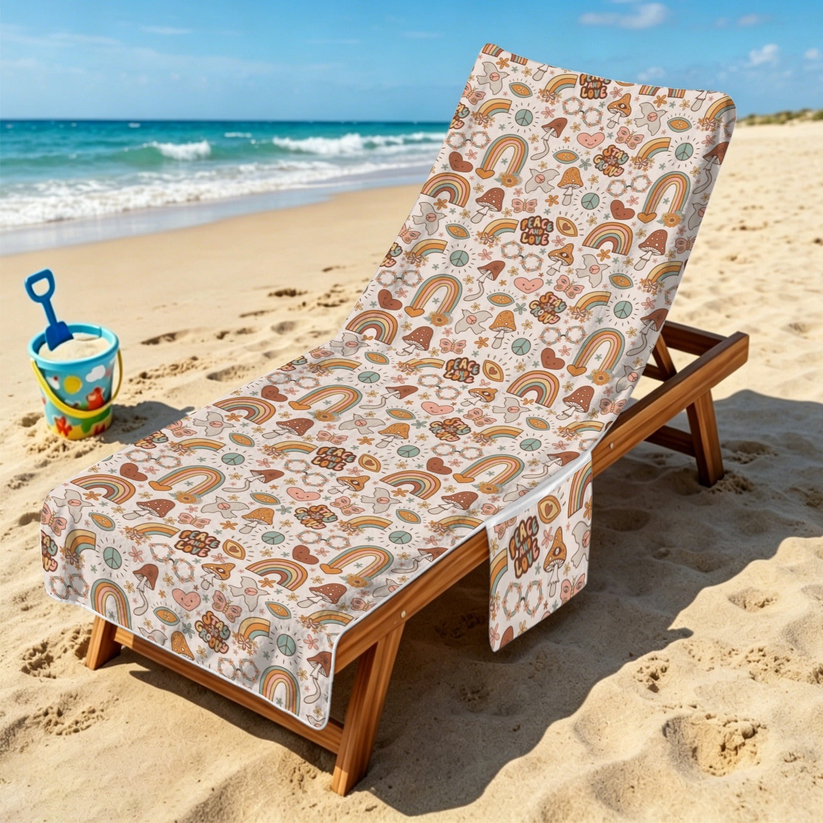 Peace And Love Beach Chair Towel Cover with Side Pockets