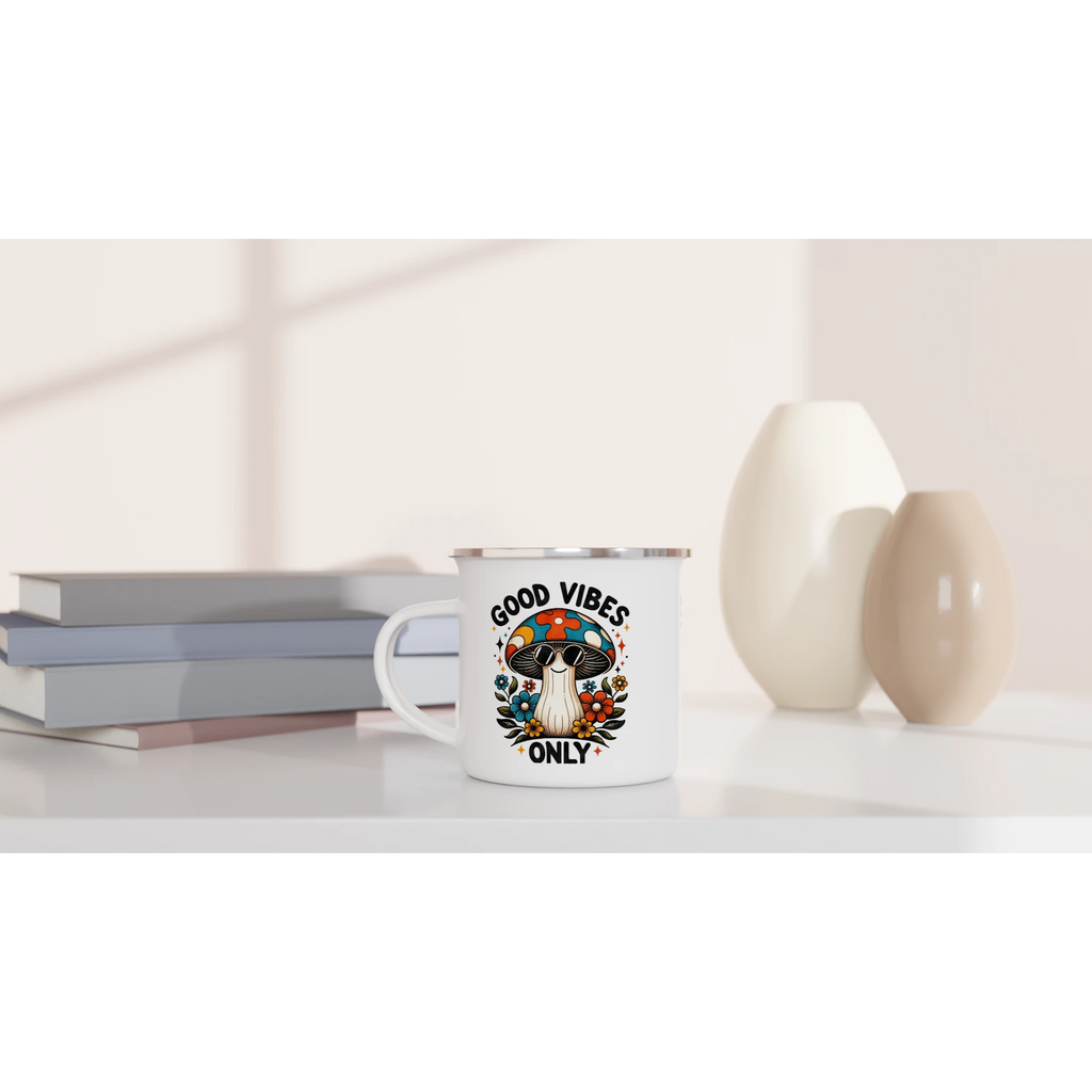 Personalised Good Vibes Only, Hippie Mushroom With Sunglasses White 12oz Enamel Mug Personalised Enamel Mug Globally Fulfilled Positivity