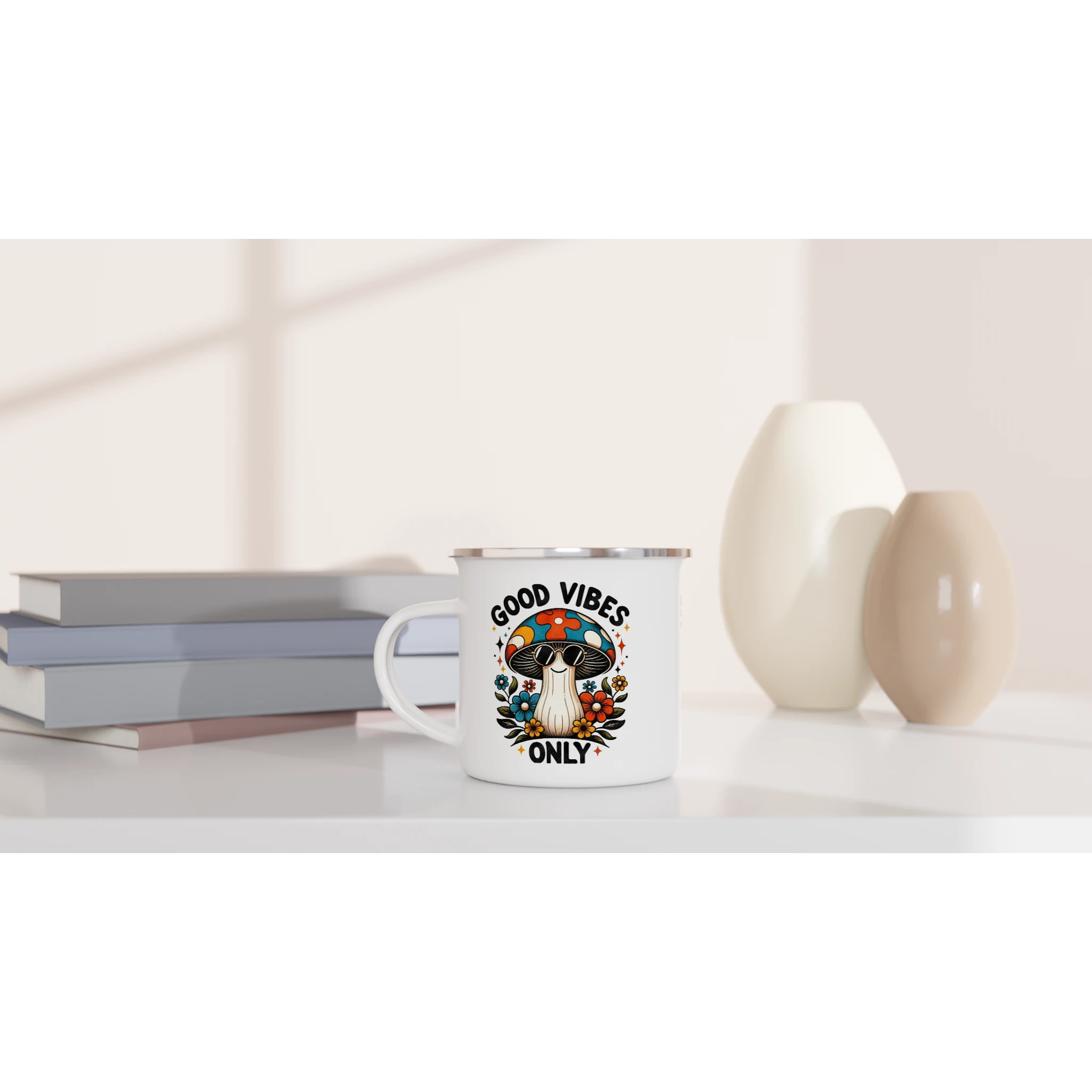 Personalised Good Vibes Only, Hippie Mushroom With Sunglasses White 12oz Enamel Mug Personalised Enamel Mug Globally Fulfilled Positivity