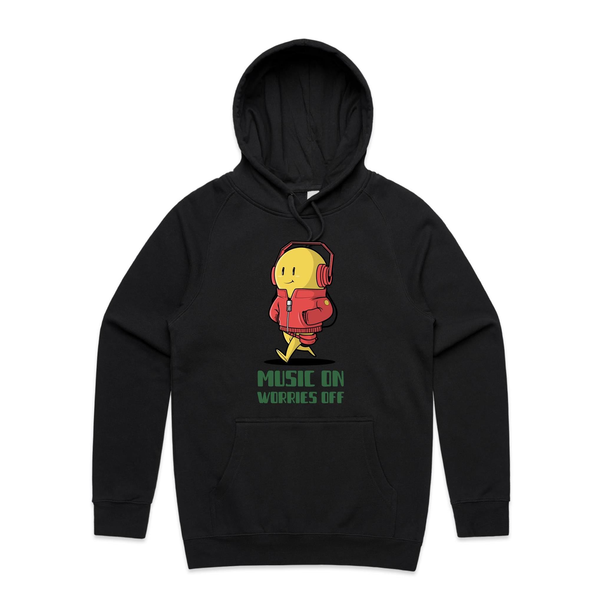 Music On, Worries Off - Mens Hoodie Black Mens Hoodie Music Printed In Australia