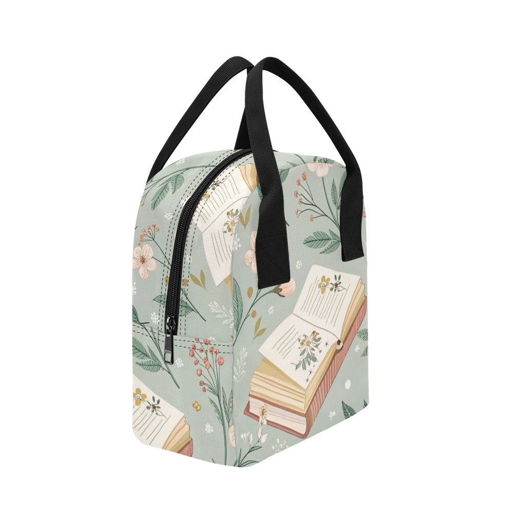 Books And Flowers In Green - Zipper Lunch Bag Zipper Lunch Bag Printed Offshore