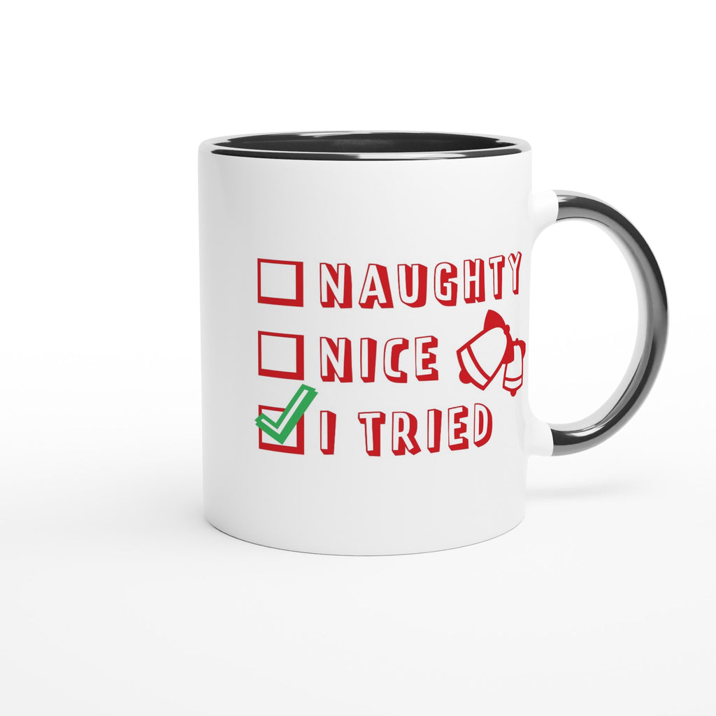 Santa's Christmas List, Naughty, Nice, I Tried - White 11oz Ceramic Mug with Color Inside Christmas Colour Mug Christmas Globally Fulfilled