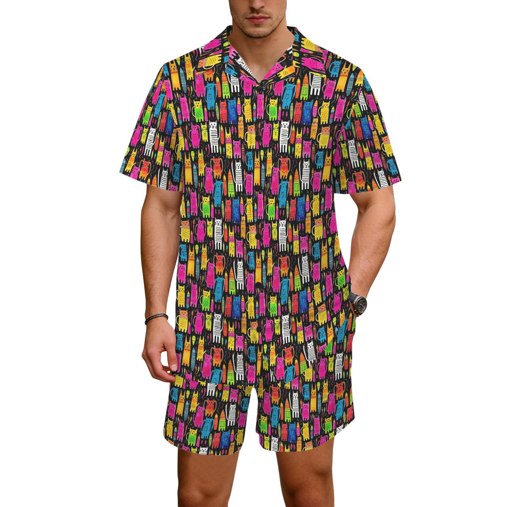 Colourful Cats Men's Hawaiian Shirt & Shorts Set Men's Hawaiian Shirt & Shorts Set animal Printed Offshore
