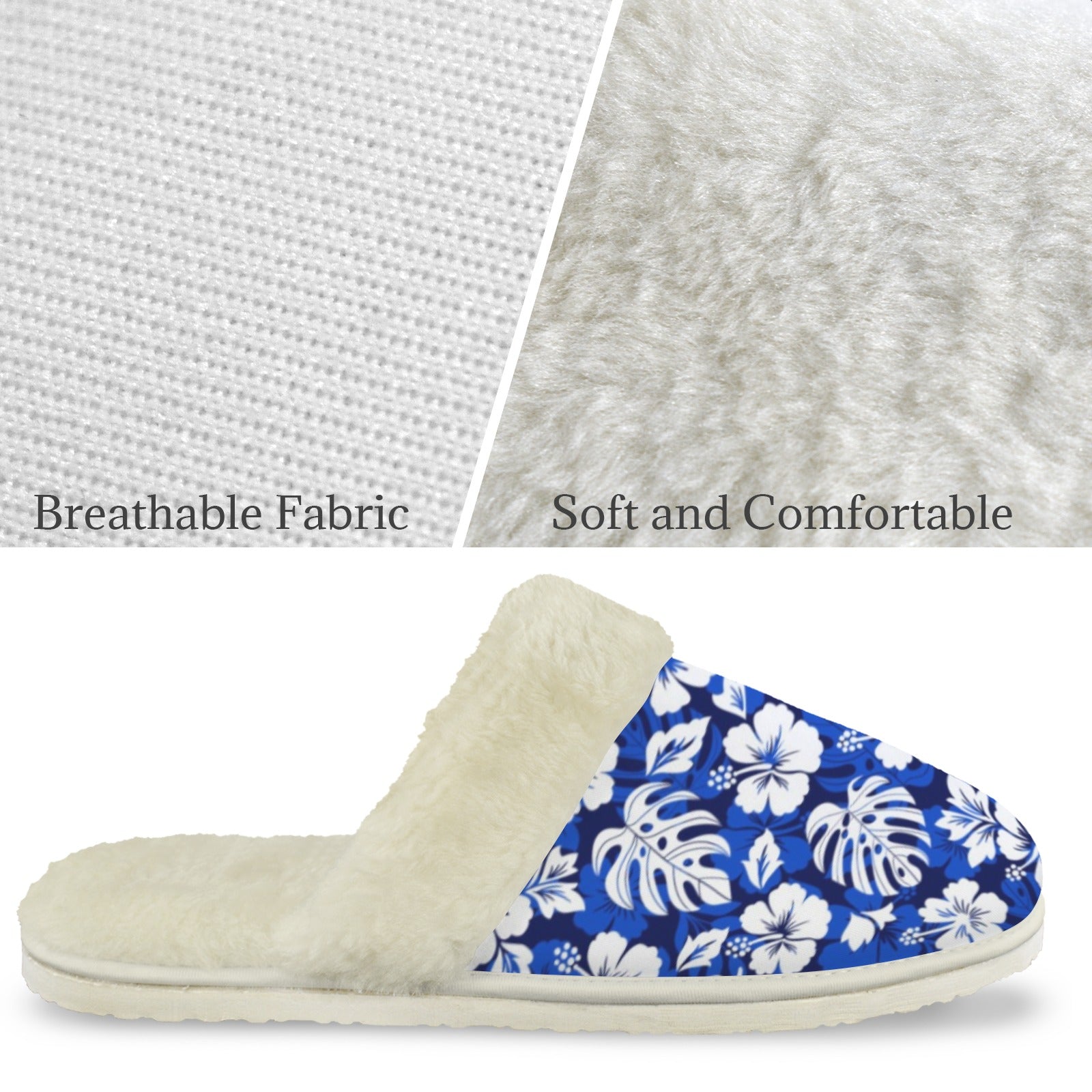 Blue Hawaiian Floral - Men's Fur Trim Thick-Sole Indoor Slippers Men's Fur Trimmed Slippers Plants Printed Offshore