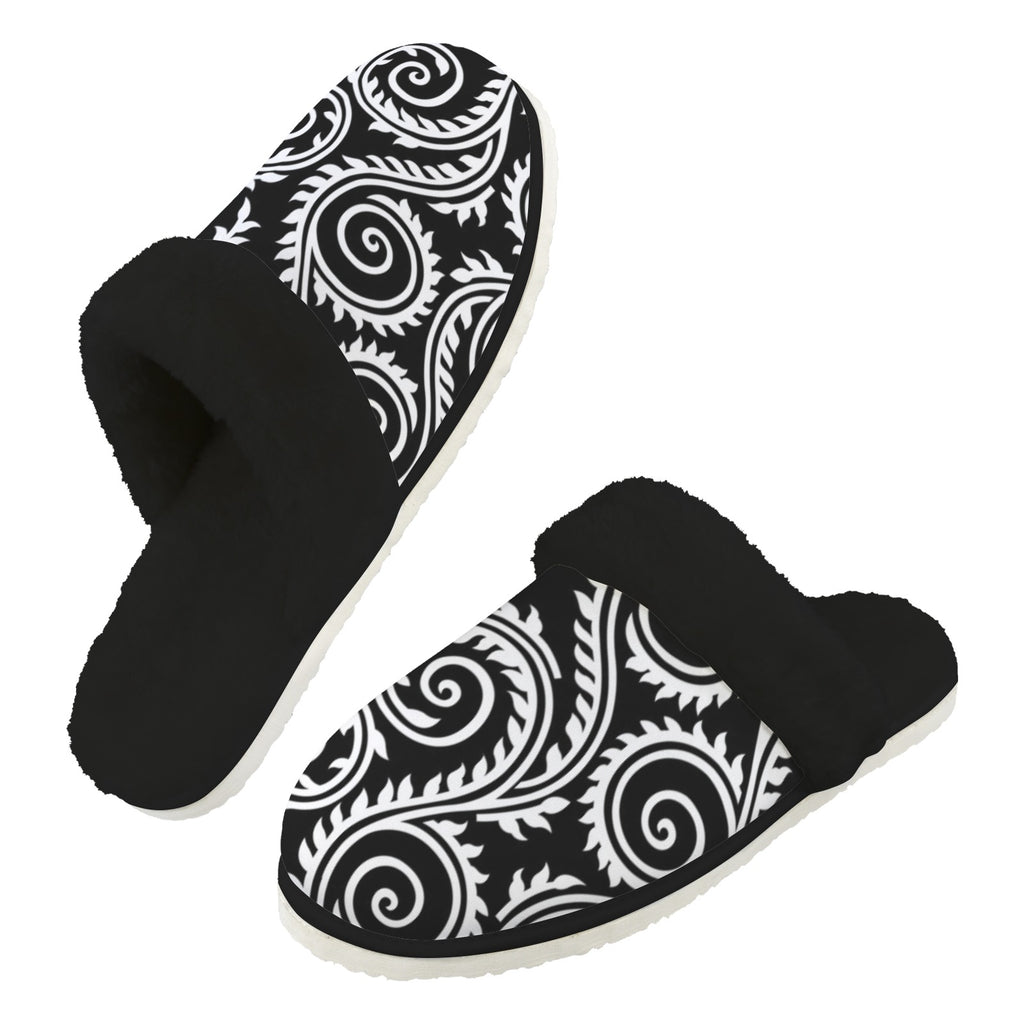 Black And White Swirl Men's Fur Trim Thick-Sole Indoor Slippers 2XL Men's Fur Trimmed Slippers Printed Offshore