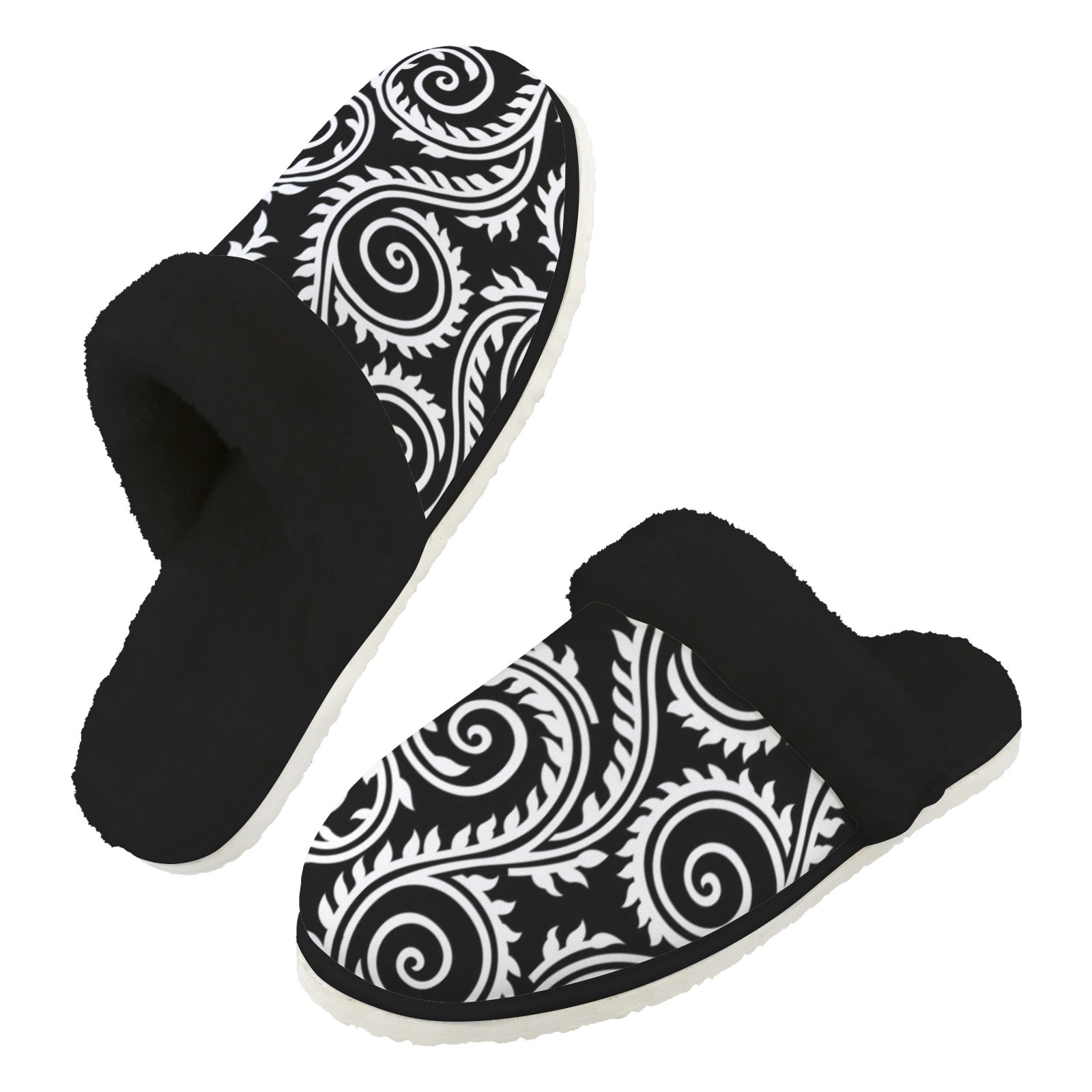 Black And White Swirl Men's Fur Trim Thick-Sole Indoor Slippers 2XL Men's Fur Trimmed Slippers Printed Offshore