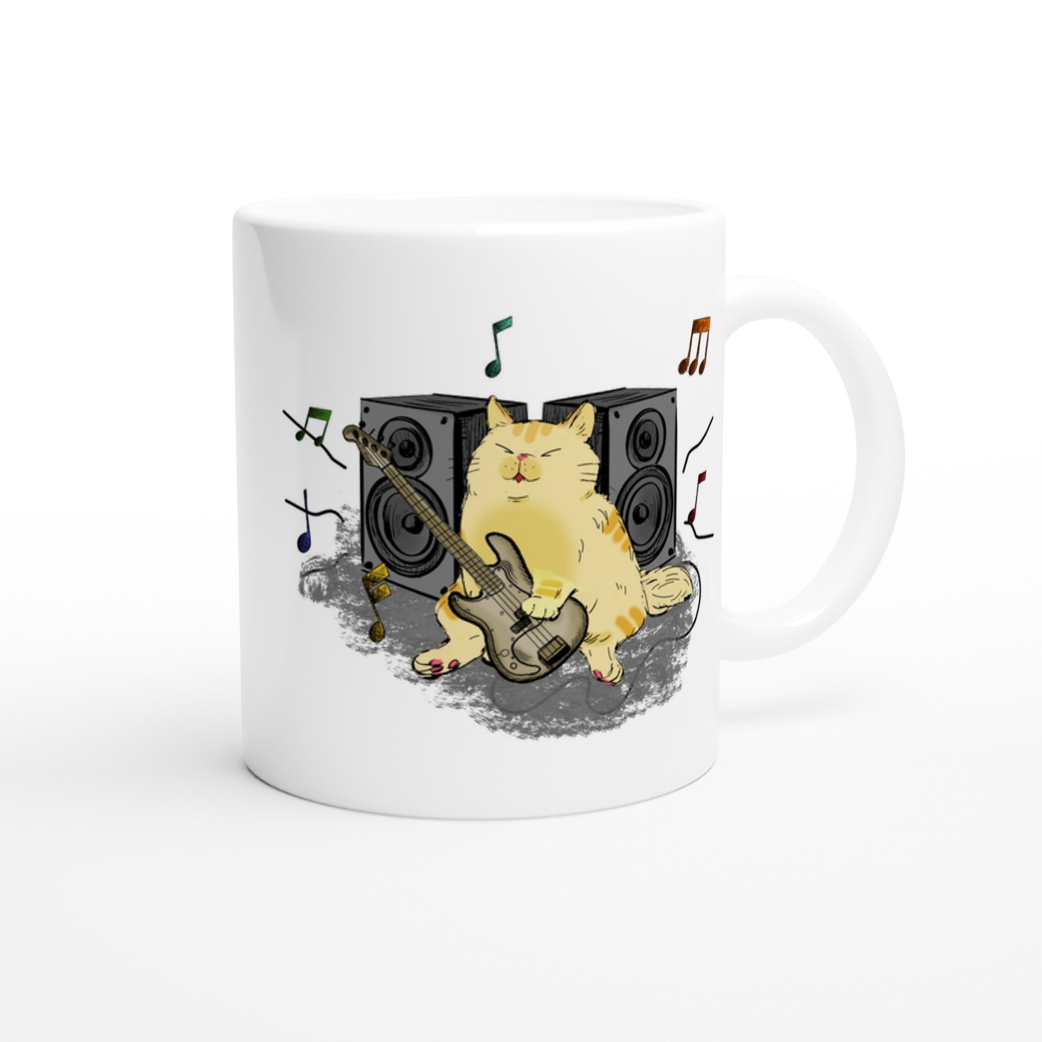 Cat Bass Player - White 11oz Ceramic Mug White 11oz Mug animal Globally Fulfilled Music