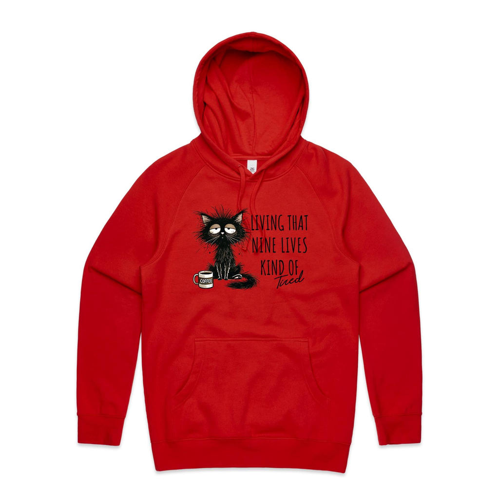 Living That Nine Lives Kind Of Tired, Frazzled Cat - Mens Hoodie Red Mens Hoodie animal Coffee Printed In Australia