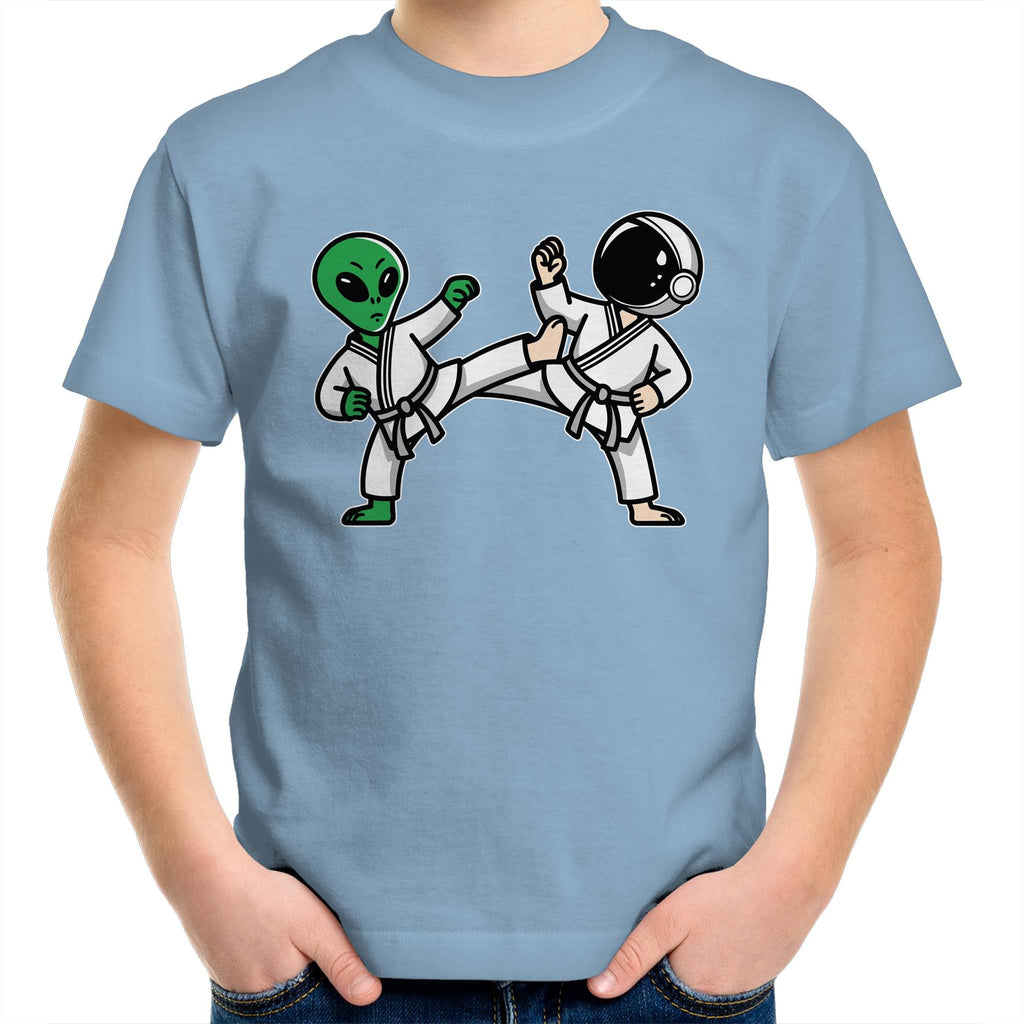 Alien And Astronaut Karate - Kids Youth T-Shirt Carolina Blue Kids Youth T-shirt Printed In Australia Sci Fi Space