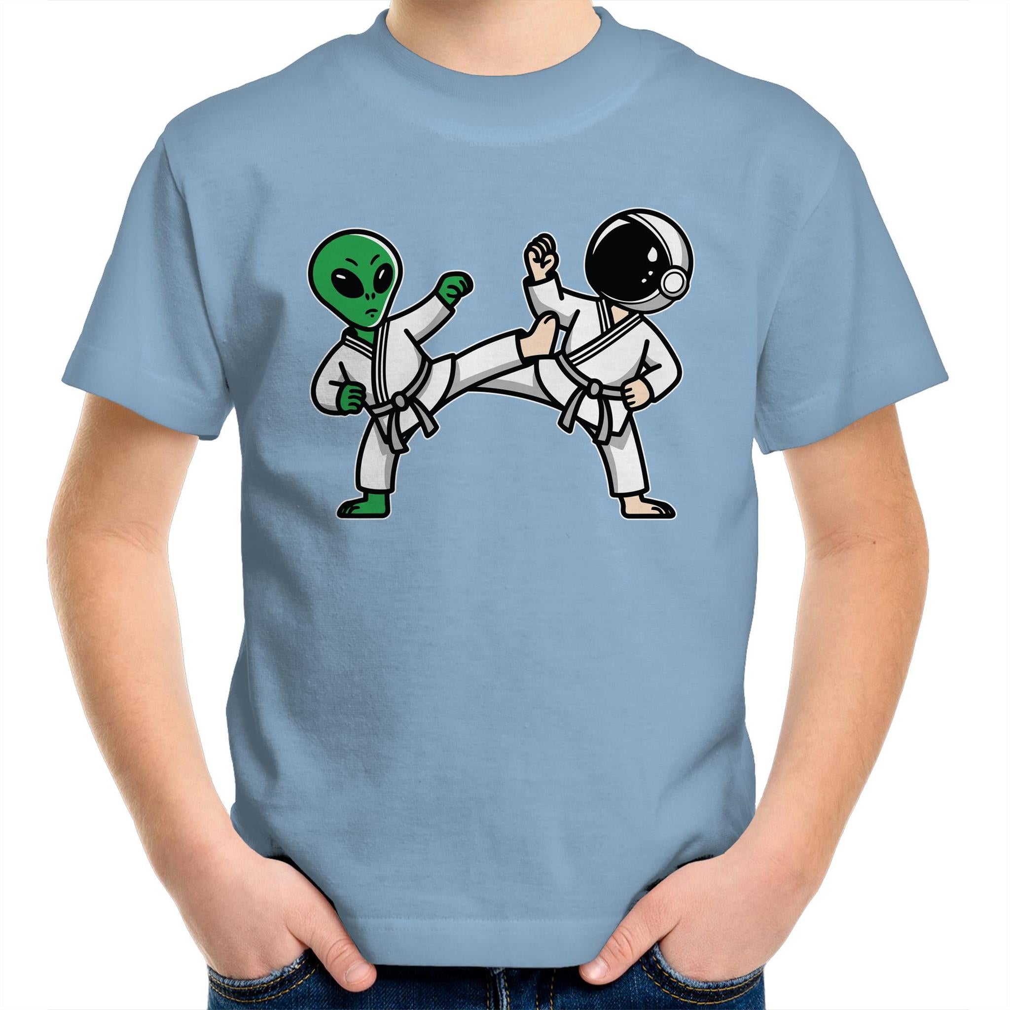 Alien And Astronaut Karate - Kids Youth T-Shirt Carolina Blue Kids Youth T-shirt Printed In Australia Sci Fi Space