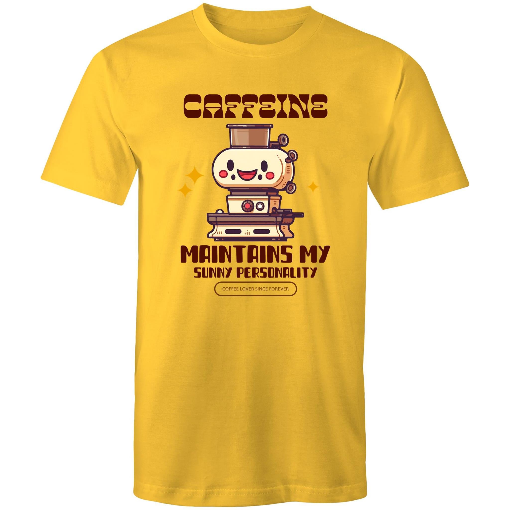 Caffeine Maintains My Sunny Personality - Mens T-Shirt Yellow Mens T-shirt Coffee Printed In Australia