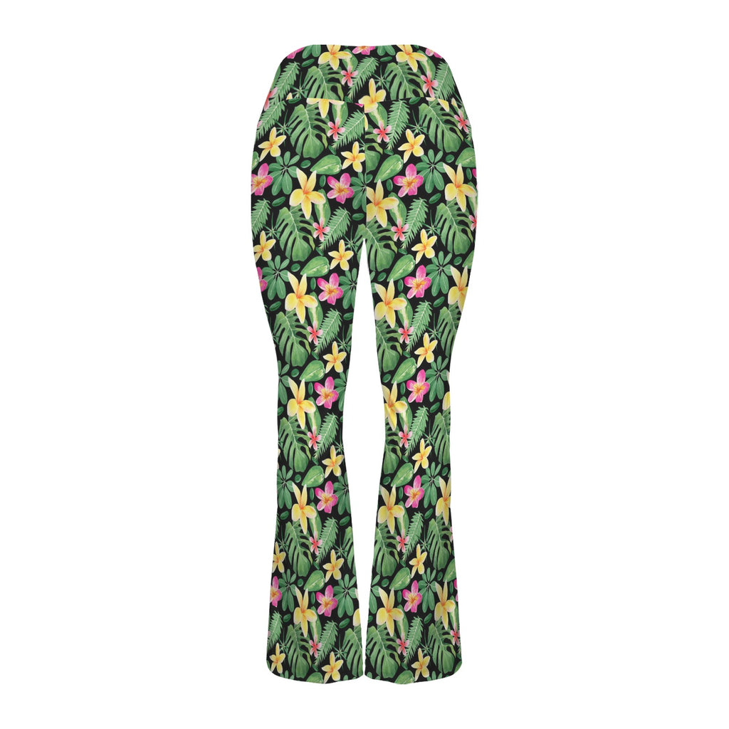 Frangipani High Waist Crossover Tummy Control Flare Leggings High Waist Flare Leggings Plants Printed Offshore