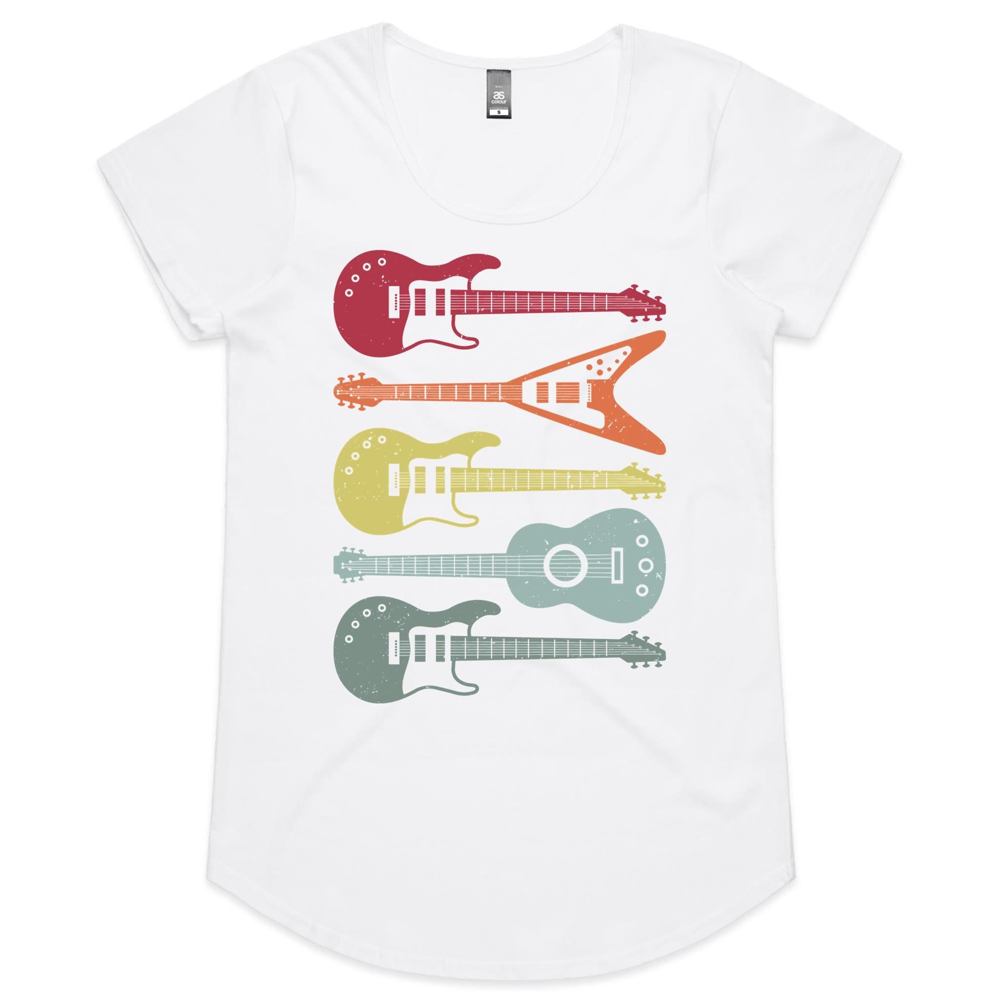 Retro Guitars - Womens Scoop Neck T-Shirt White Womens Scoop Neck T-shirt Music Printed In Australia