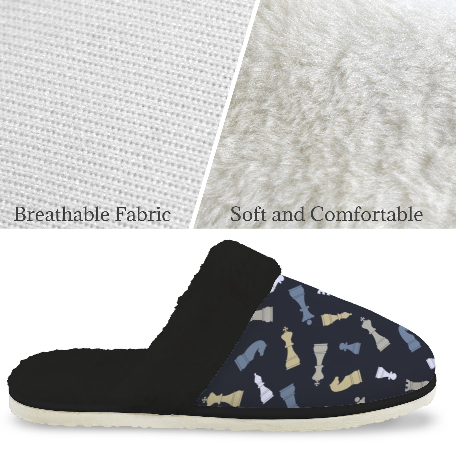 Chess Pattern Women's Fur Trim Thick-Sole Indoor Slippers Women's Fur Trimmed Slippers Chess Games Printed Offshore