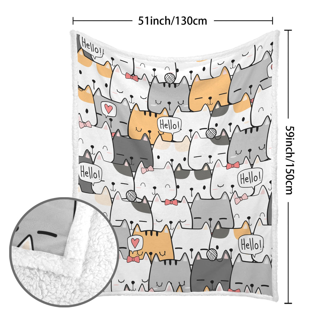 Cat Hello - Double-Layer Fleece Blanket 51"x59"
