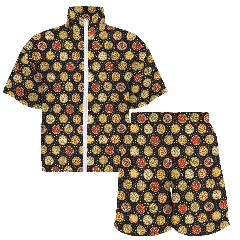 Round Pizzas On Black Women's Windbreaker Short Set Women's Windbreaker Short Set Food Printed Offshore