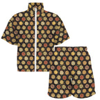 Round Pizzas On Black Women's Windbreaker Short Set Women's Windbreaker Short Set Food Printed Offshore