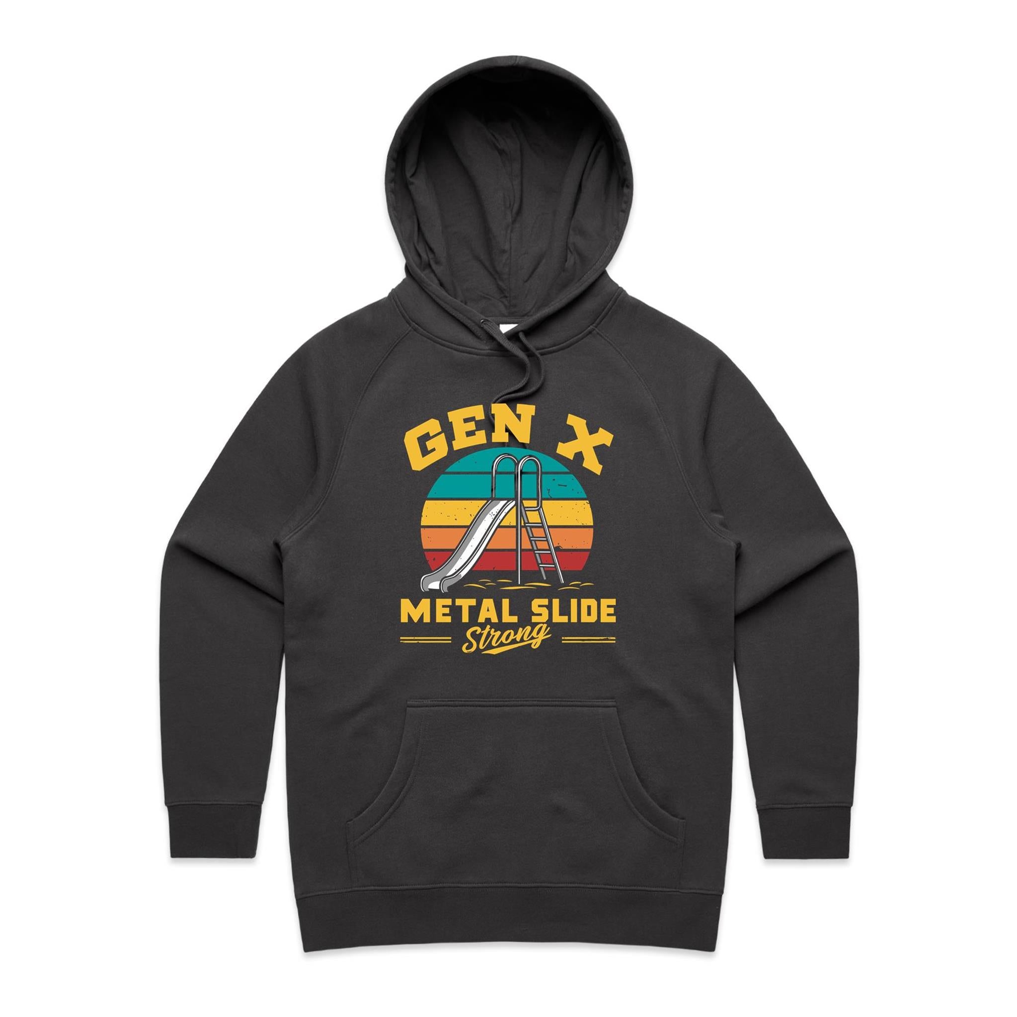 Gen X, Metal Slide Strong - Womens Hoodie Coal Womens Hoodie Printed In Australia