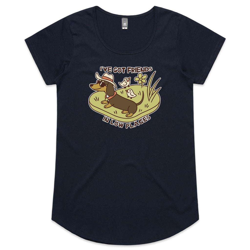 Dachshund, I've Got Friends In Low Places Women's AS Colour Scoop Neck T-Shirt Navy Womens Scoop Neck T-shirt animal Printed In Australia