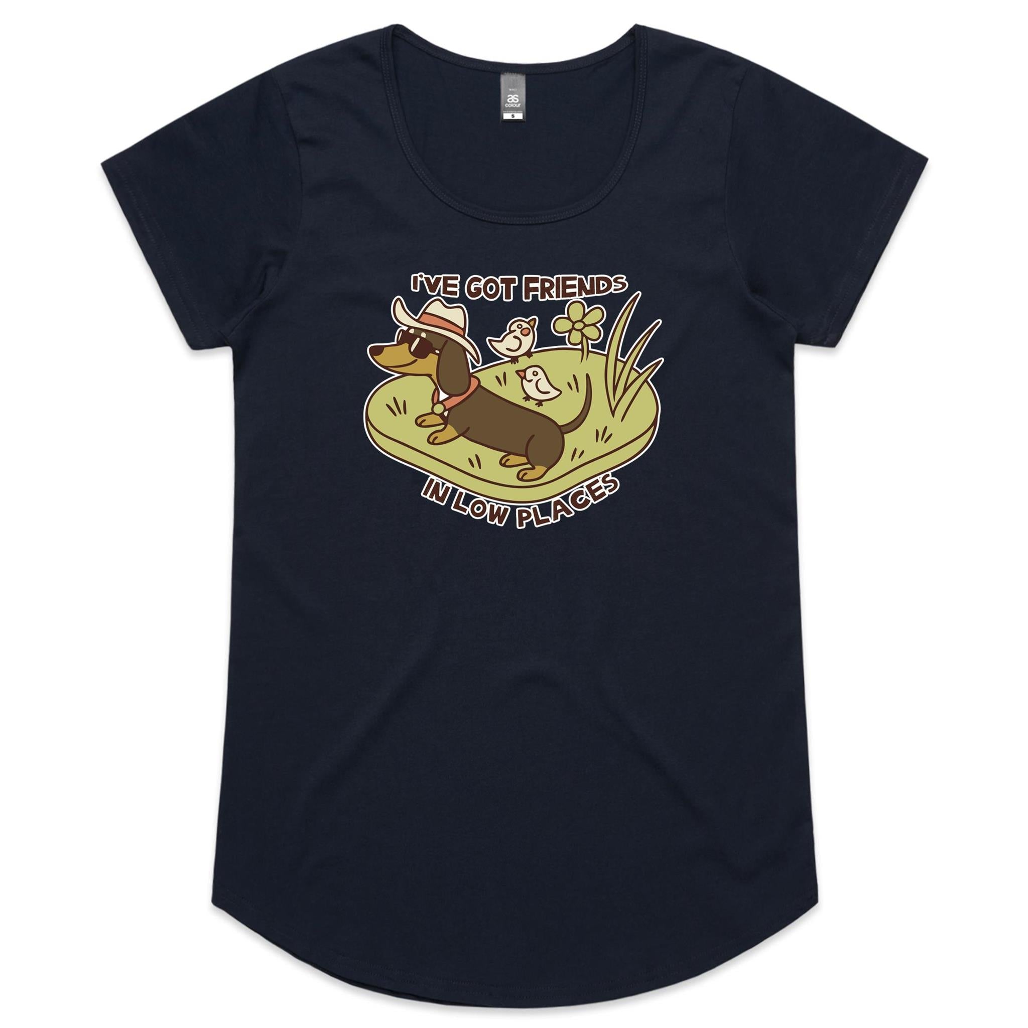Dachshund, I've Got Friends In Low Places Women's AS Colour Scoop Neck T-Shirt Navy Womens Scoop Neck T-shirt animal Printed In Australia