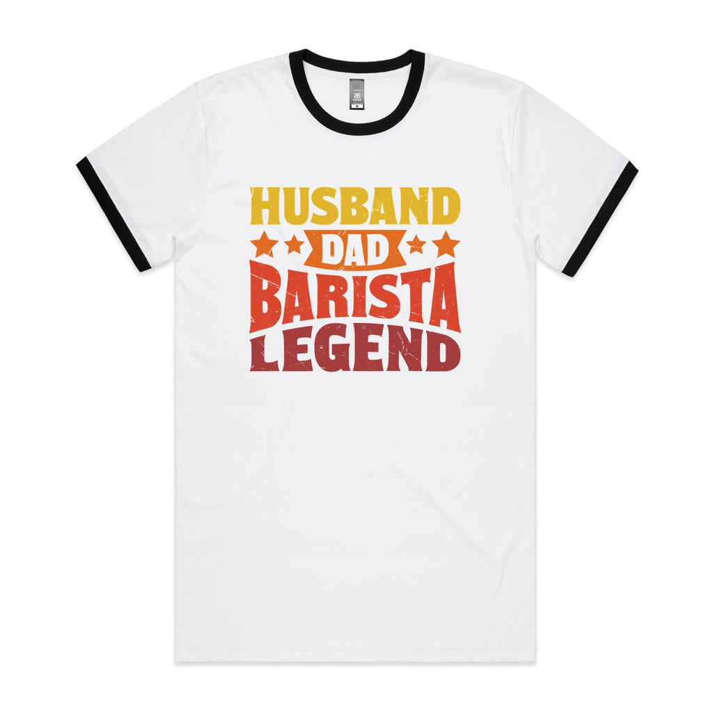 Husband, Dad, Barista, Legend Men's AS Colour Ringer Tee White Black Ringer T-Shirt Coffee Dad Printed In Australia