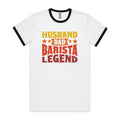 Husband, Dad, Barista, Legend Men's AS Colour Ringer Tee White Black Ringer T-Shirt Coffee Dad Printed In Australia