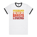 Husband, Dad, Barista, Legend Men's AS Colour Ringer Tee White Black Ringer T-Shirt Coffee Dad Printed In Australia