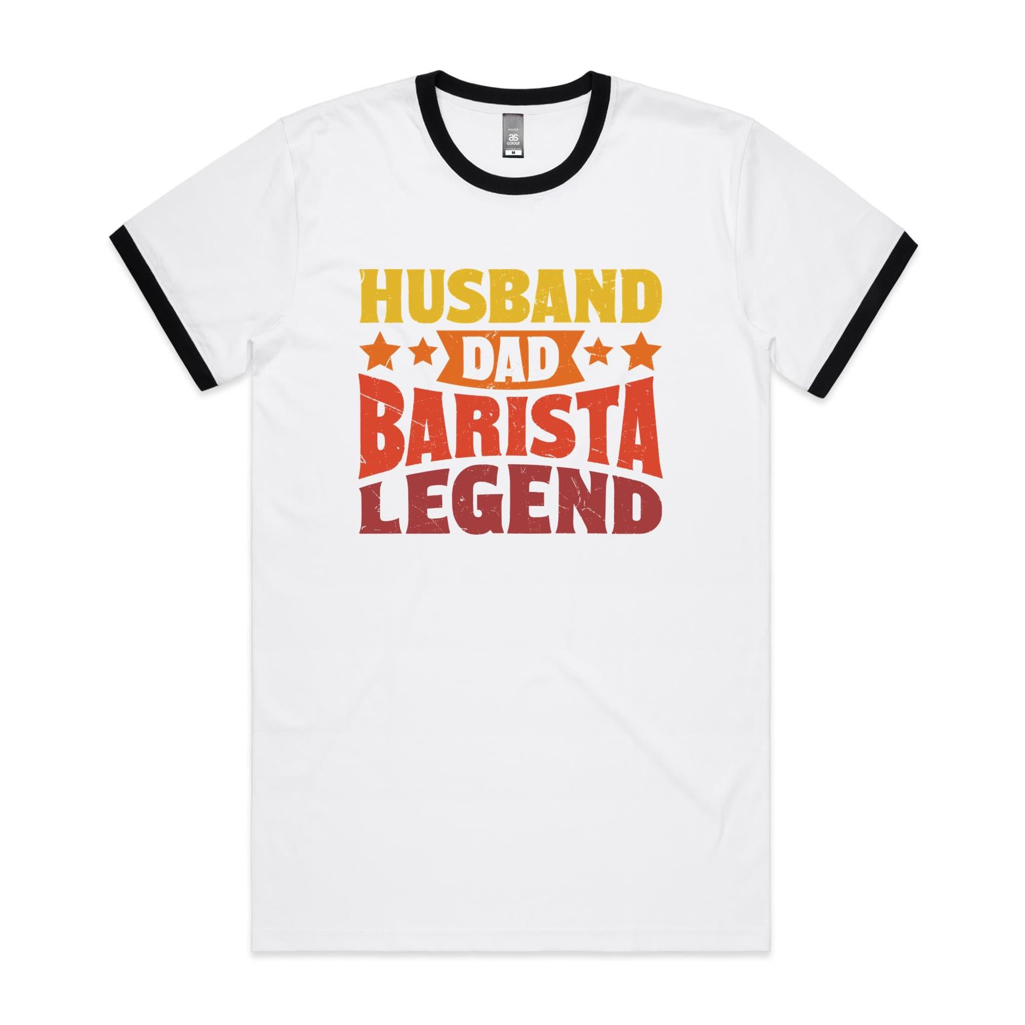 Husband, Dad, Barista, Legend Men's AS Colour Ringer Tee White Black Ringer T-Shirt Coffee Dad Printed In Australia