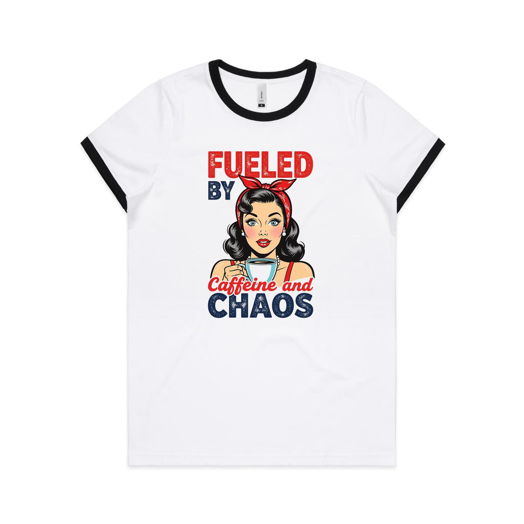 Fueled By Caffeine And Chaos Women's AS Colour Ringer Tee White Black Womens Ringer T-shirt Coffee Printed In Australia