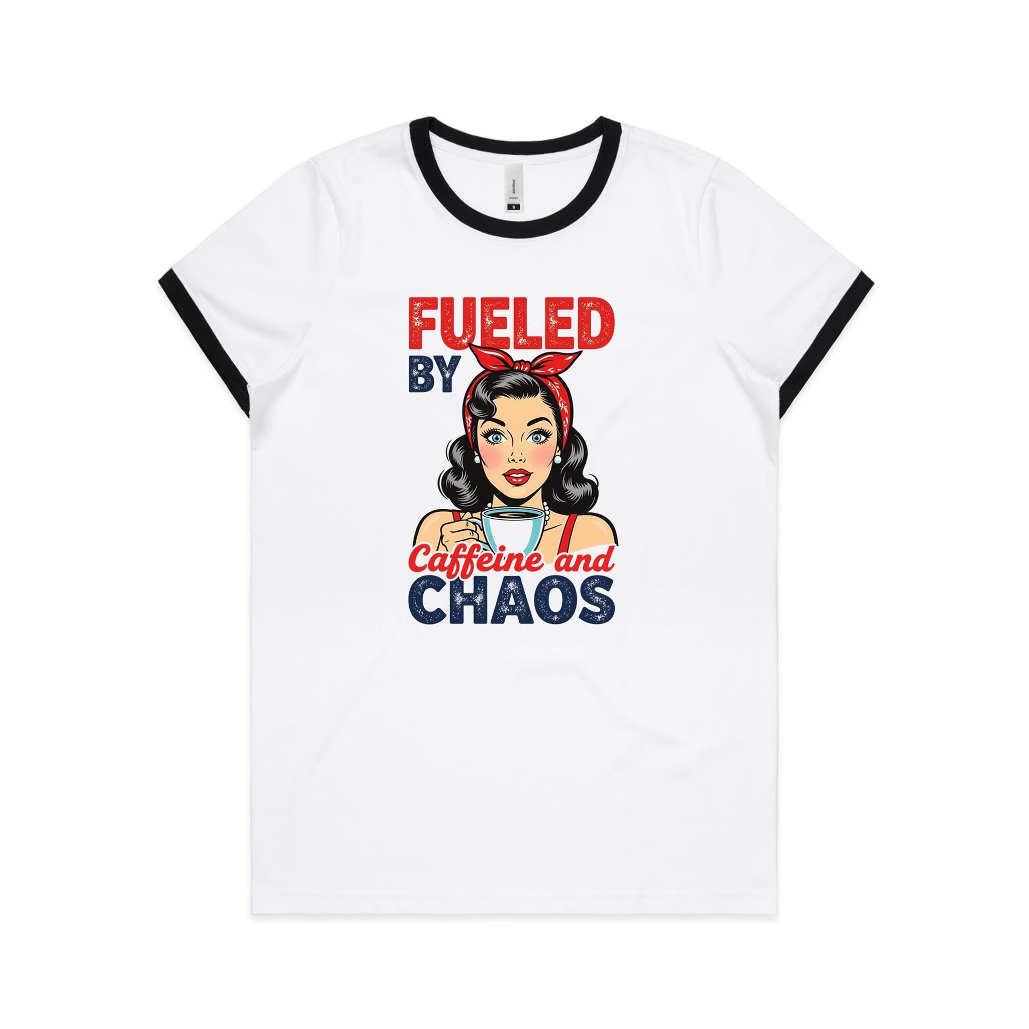 Fueled By Caffeine And Chaos Women's AS Colour Ringer Tee White Black Womens Ringer T-shirt Coffee Printed In Australia