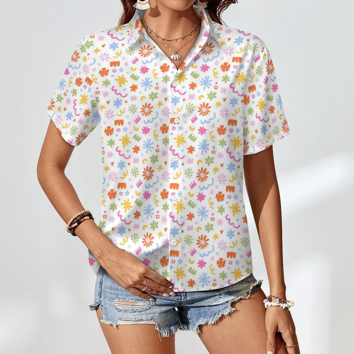 Abstract Colourful Shapes Women's Collared Pocketless Short Sleeve Shirt