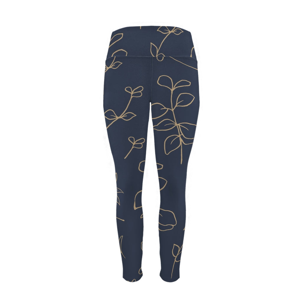 Gold Flowers On Navy - Women's High Waist Pockets Yoga Leggings